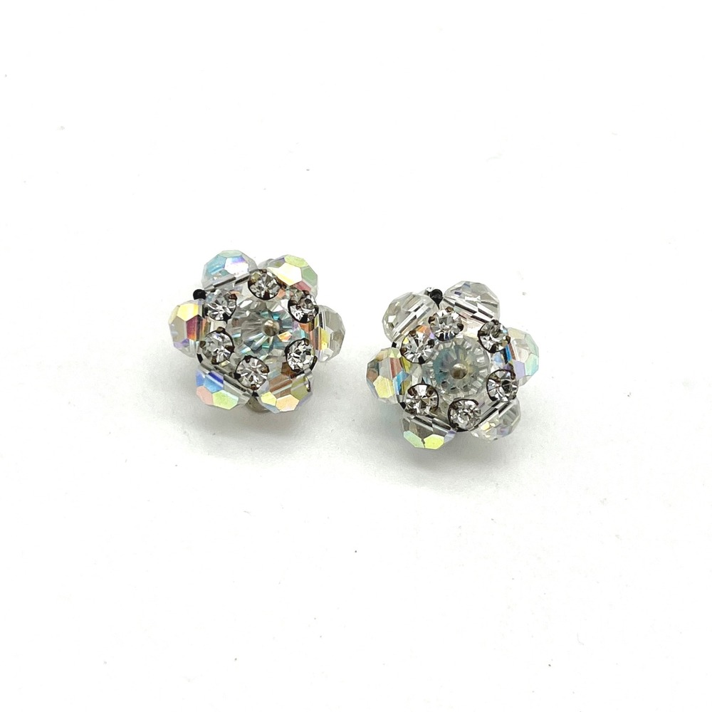 Vintage Aurora Borealis Rhinestone Clip On Earrings Round Crystal AB‎